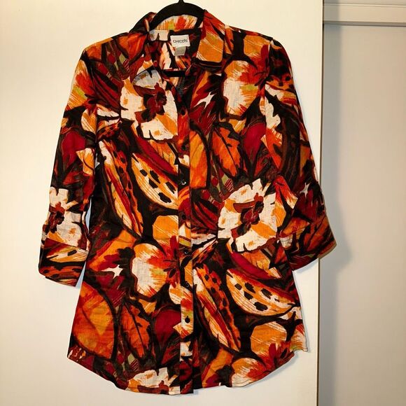 Chicos Linen Red Orange Black Tropical Floral Button Down Size 0 (Small) BUTTON - Picture 1 of 13